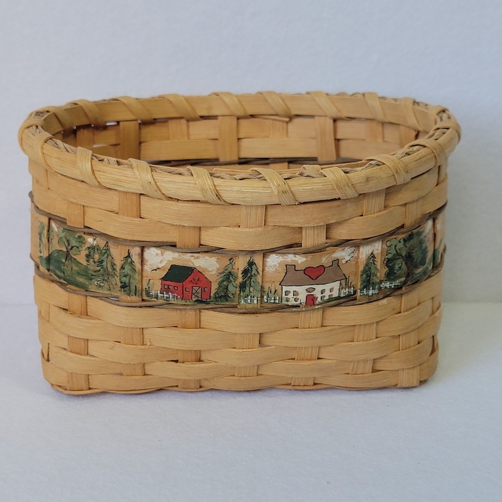 VTG 1992 Handwoven Basket  Signed Artisan Farmhouse Decor  Painted Scene Woven
